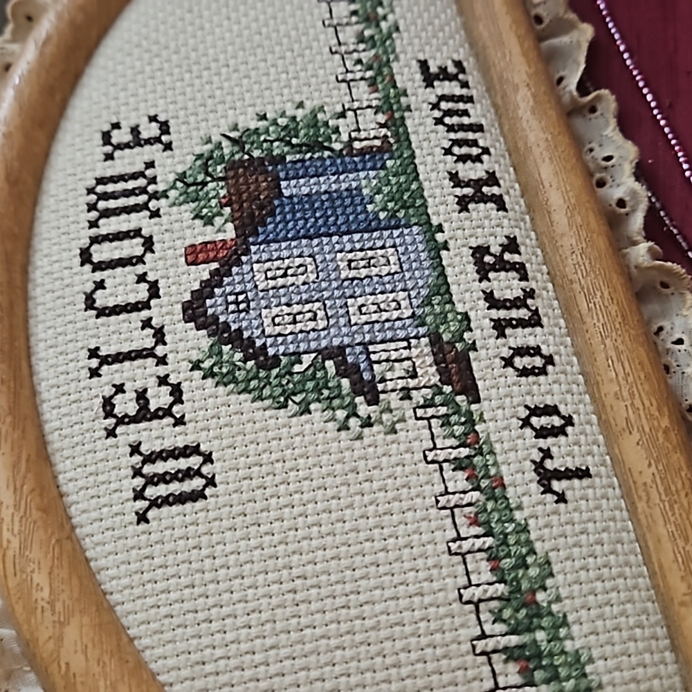 Rare Paragon Museum framed needlepoint Crossstitch Welcome W/